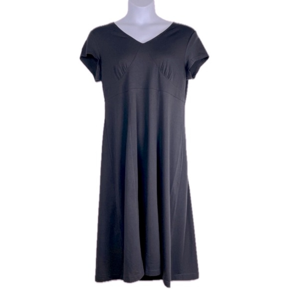 Cotton Stretch Dress Size LP Black Midi Knit Short Sleeve V-Neck Minimalist